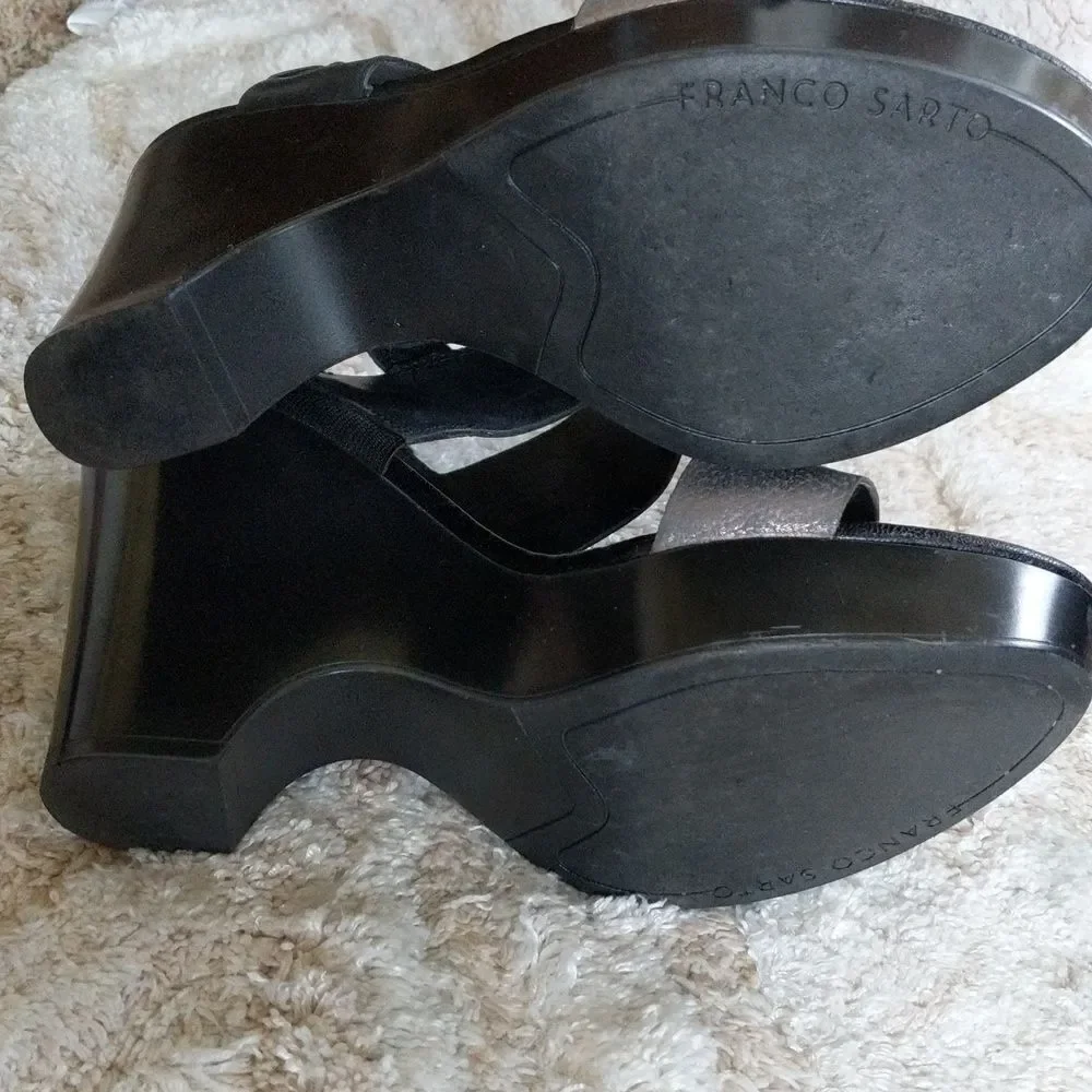 Franco Sarto Silver and Black Leather Platform Sandals